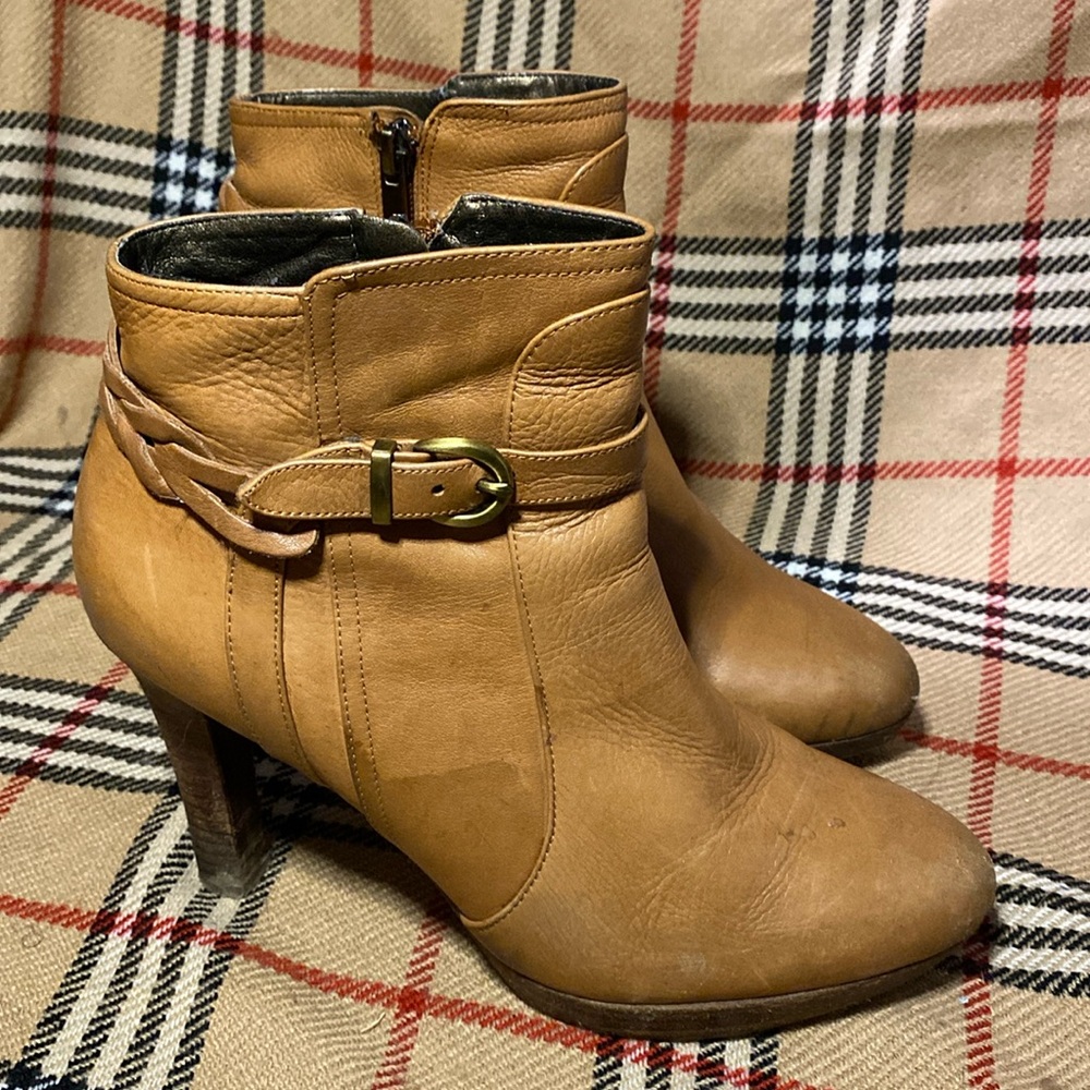 Banana Republic Sophie cognac Leather High Heel Booties w/Braided Buckle Strap